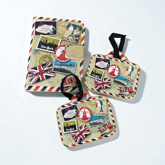3pc Passport Holder & Luggage Tag Set Travel‎ Icons New York London Paris Print - Picture 1 of 8